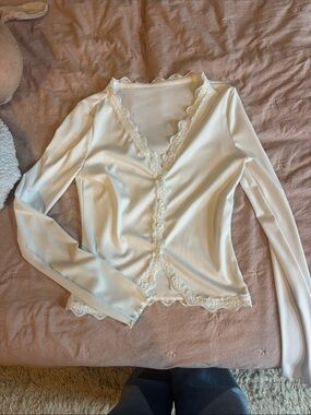 Cream Lace-Trim Ribbed Long Sleeve Cardigan